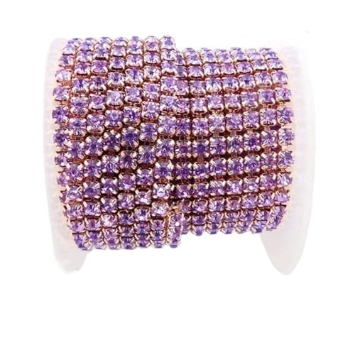 Kristall-Strass-Kette, Champagner-Gold-Basis, Glaskristall, Strass-Kette, 5 Größen, hohe Dichte, zum Aufnähen, Kleben, Heimwerken, Trimmen für Nähschuhe (lila 1, SS8, 2,5 mm, 2,5 m) von GMVZGQW