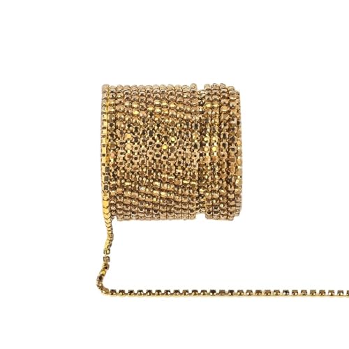 Kristall-Strass-Kette, Glasstrass, Tassenkette, Glitzer, Kristall-Strassbesatz für selbstgemachte Hochzeitskleid, Dekoration zum Nähen von Schuhen (Gold, Gold, 2 mm - 9,1 m) von GMVZGQW