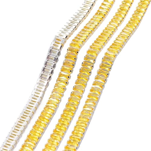 Kristall-Strass-Kette, rechteckig, quadratisch, Zirkon, Strasssteine, goldfarben, silberfarbene Basis, Strasssteine, Tassenbesatz für Dekoration zum Nähen von Schuhen (Silberbasis, Gelb, 0,45 m) von GMVZGQW