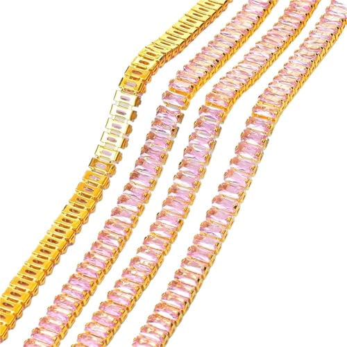 Kristall-Strass-Kette, rechteckig, quadratisch, Zirkon, Strasssteine, goldfarbene Silberbasis, Strasssteine, Tassenbesatz für Dekoration zum Nähen von Schuhen (Goldbasis, Rosa, 91 cm) von GMVZGQW