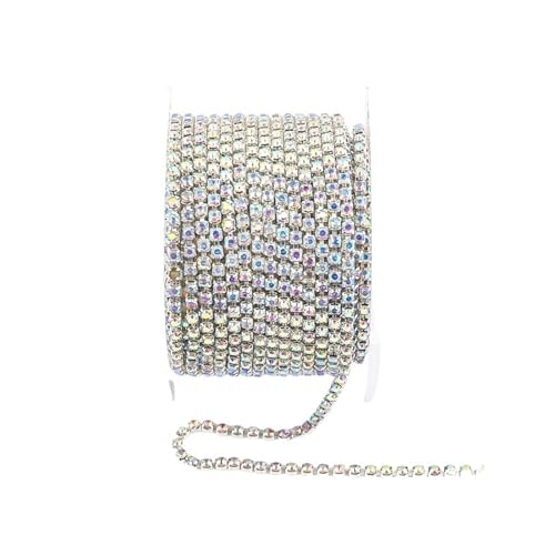 Kristall-Strass-Kette zum Aufnähen für Kleidung, DIY, Bekleidungszubehör, Besatzkette zum Nähen von Schuhen (silberfarbene Basis AB, 9,1 m – Rolle, 2 mm) von GMVZGQW