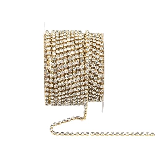 Kristall-Strass-Kette zum Aufnähen für Kleidung, DIY, Bekleidungszubehör, Zierkette zum Nähen von Schuhen (Goldbasis, transparent, 91 cm, Packung, 2,8 mm) von GMVZGQW