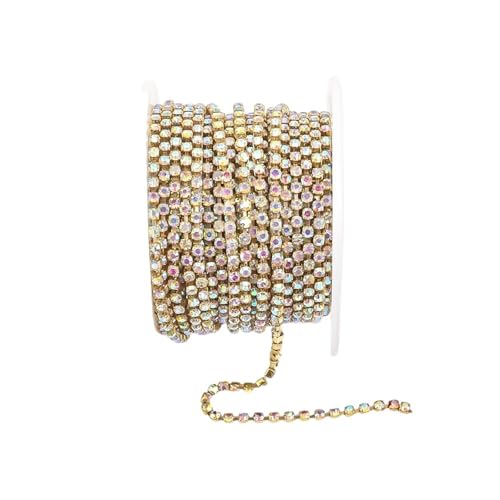 Kristall-Strass-Kette zum Aufnähen für Kleidung, DIY, Bekleidungszubehör, Zierkette zum Nähen von Schuhen (Goldsockel AB, 9,1 m – Rolle, 2 mm) von GMVZGQW