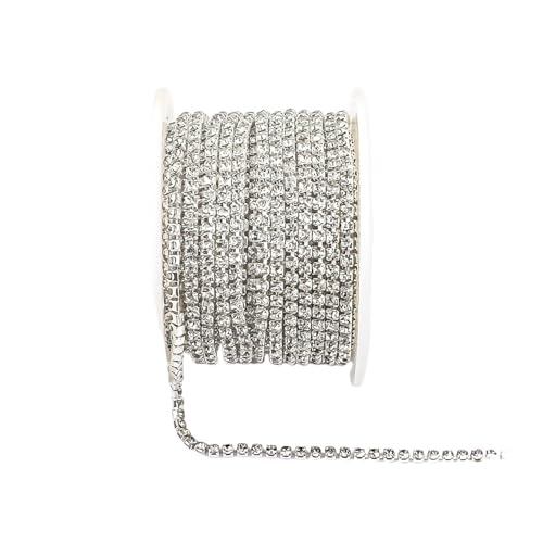 Kristall-Strass-Kette zum Aufnähen für Kleidung, DIY, Bekleidungszubehör, Zierkette zum Nähen von Schuhen (silberfarbene Basis, transparent, 9,1 m, Rolle, 2,5 mm) von GMVZGQW