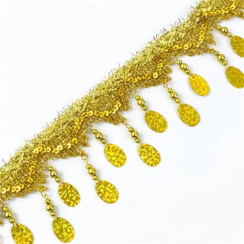 Quasten-Nähbordüre, 1–5 m, Quaste, Pailletten, Anhänger, Gurtband, Gold, Silber, Spitzenbesatz, Fransen, Tanzkleidung, Dekoration, Quasten, Band, DIY, Nähen für lateinisches Kleid (Gold, 5,10 cm - 2 m von GMVZGQW