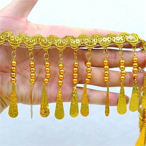 Quasten-Nähbordüre, 3/9 m, Wassertropfen, Pailletten, DIY-Perlen, Spitzenbesatz, Quaste, Fransen, Bühnenkleidung, Vorhang, Hochzeitskleid, Zubehör für lateinamerikanische Kleider (Gold, 9 m) von GMVZGQW