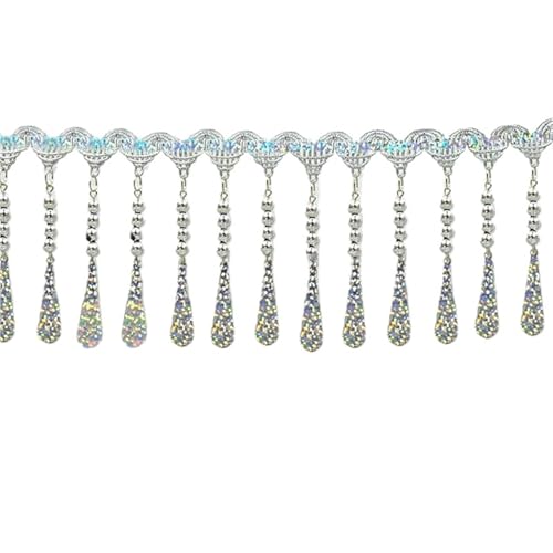 Quasten-Nähbordüre, 3/9 m, Wassertropfen, Pailletten, DIY-Perlen, Spitzenbesatz, Quaste, Fransen, Bühnenkleidung, Vorhang, Hochzeitskleid, Zubehör für lateinamerikanische Kleider (Silber, 9 m) von GMVZGQW