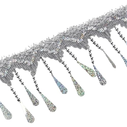 Quasten-Nähborte 1–5 m, Quaste, Pailletten, Anhänger, Gurtband, Gold, Silber, Spitzenbesatz, Fransen, Tanzkleidung, Dekoration, Quasten, Band, DIY, Nähen für lateinamerikanische Kleider (Silber, 2,10 von GMVZGQW