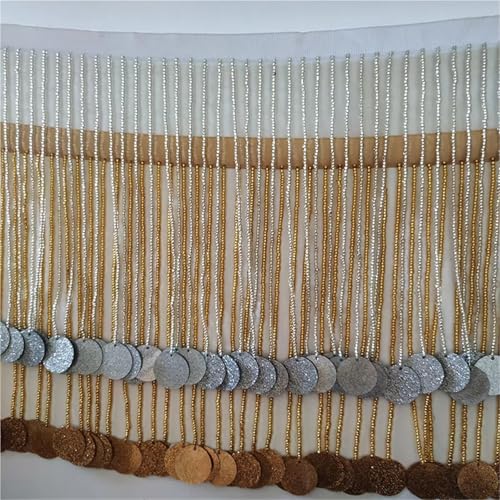 Quasten-Nähborte 18 cm breit, Rocailles-Perlen und Pailletten, Perlenfransen, Nähkleid, Vorhang, Lampenschirm, Perlenfransen für lateinamerikanische Kleider (Gold) von GMVZGQW