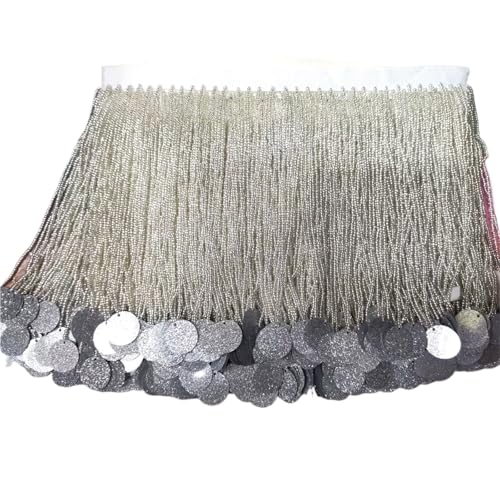 Quasten-Nähborte 18 cm breit, Rocailles-Perlen und Pailletten, Perlenfransen, Nähkleid, Vorhang, Lampenschirm, Perlenfransen für lateinamerikanische Kleider (Silber) von GMVZGQW