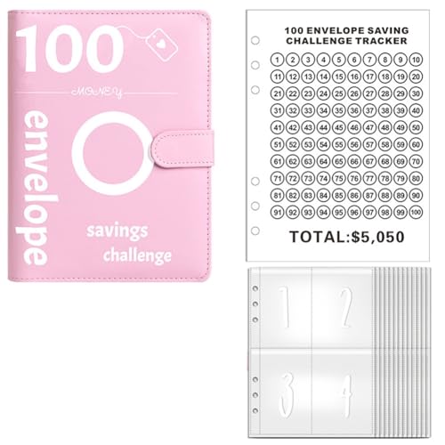 GNURBDILFO Challenge-Ordner mit 100 Umschlägen Challenge-Ordner mit 100 Umschlägen, Geldsparender Ordner (Rosa) von GNURBDILFO