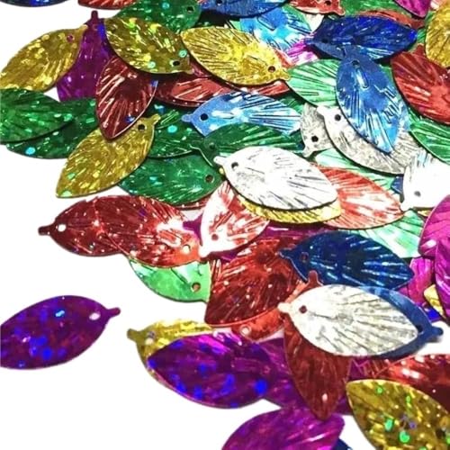 mit farbenfrohen Papierstücken, 30 g 9 x 18 mm flache PVC-Pailletten-Hologramm-Dekoration, schillernde Blatt-Pailletten, süße kleine Blätter in Laserfarben von GNYVZXPLQ