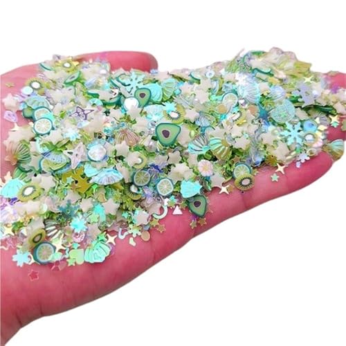 mit farbenfrohen Papierstücken, Glitzer-Pailletten aus Polymer-Ton mit Blumenmotiv, leuchtende Glitzer-Pailletten, fluoreszierende Flocken, leuchtend im Nailart-Maniküre-Dekor, 1 Beutel(Light green,50 von GNYVZXPLQ