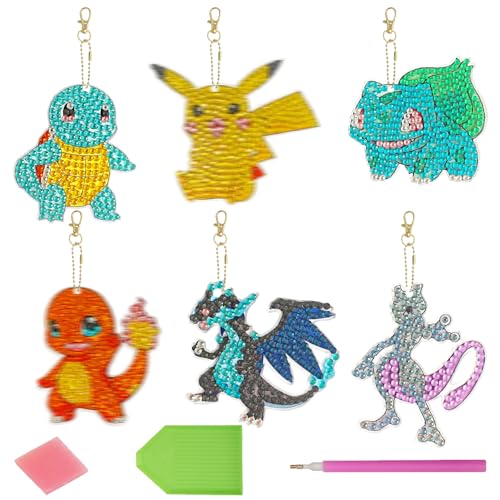GOACRS Diamond Painting Kinder Schlüsselanhänger Anhänger, 6pcs Doppelseitig 5D Diamant Painting Schlüsselbunda Set, Kleine Diamantmalerei Bilder, Cartoon DIY Mosaik Basteln Kit für Jungen Mädchen von GOACRS