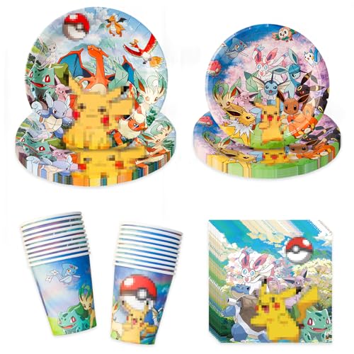 GOACRS Pappgeschirr Set, 80 Stück Partygeschirr mit Pappteller Servietten Tischdecke für 20 Gäste, Bunte Papier Teller Becher, Cartoon Anime Geschirr für Kindergeburtstag Partydeko Tischdeko Zubehör von GOACRS