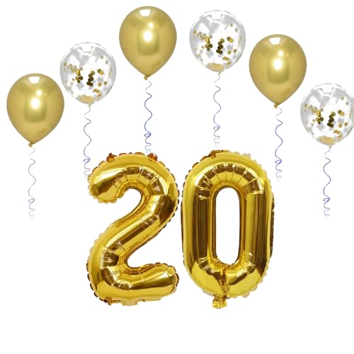 Folienballons für Paten, 101,6 cm, mit 6 Chrom- und 6 Konfetti-Heliumballons für Kinder und Erwachsene, Party, romantische Anlässe, Jubiläumsdekorationsset (Gold, Nummer 20) von GODFATHER LTD PARTY EVERY DAY