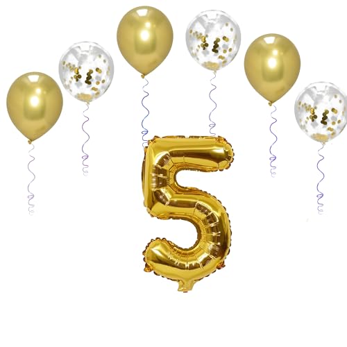 Folienballons für Paten, 101,6 cm, mit 6 Chrom- und 6 Konfetti-Heliumballons für Kinder und Erwachsene, Party, romantische Anlässe, Jubiläumsdekorationsset (Gold, Zahl 5) von GODFATHER LTD PARTY EVERY DAY