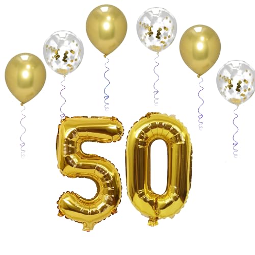 Folienballons für Paten, 101,6 cm, mit 6 Chrom- und 6 Konfetti-Heliumballons für Kinder und Erwachsene, Party, romantische Anlässe, Jubiläumsdekorationsset (Gold, Zahl 50) von GODFATHER LTD PARTY EVERY DAY