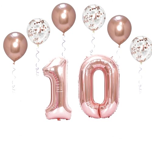 Folienballons für Paten, 101,6 cm, mit 6 Chrom- und 6 Konfetti-Heliumballons für Kinder und Erwachsene, Party, romantische Anlässe, Jubiläumsdekorationsset (Roségold, Nummer 10) von GODFATHER LTD PARTY EVERY DAY