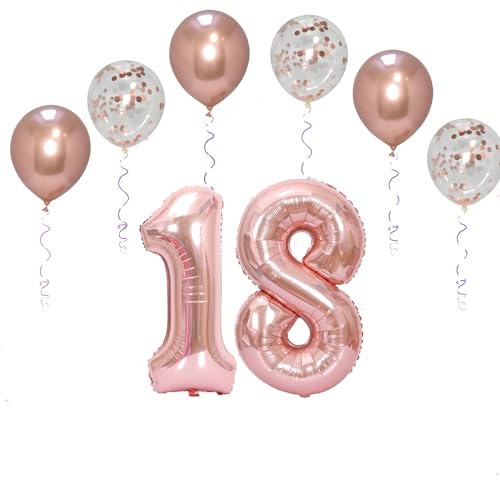Folienballons für Paten, 101,6 cm, mit 6 Chrom- und 6 Konfetti-Heliumballons für Kinder und Erwachsene, Party, romantische Anlässe, Jubiläumsdekorationsset (Roségold, Nummer 18) von GODFATHER LTD PARTY EVERY DAY