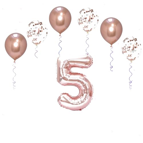 Folienballons für Paten, 101,6 cm, mit 6 Chrom- und 6 Konfetti-Heliumballons für Kinder und Erwachsene, Party, romantische Anlässe, Jubiläumsdekorationsset (Roségold, Nummer 5) von GODFATHER LTD PARTY EVERY DAY
