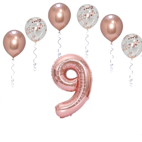 Folienballons für Paten, 101,6 cm, mit 6 Chrom- und 6 Konfetti-Heliumballons für Kinder und Erwachsene, Party, romantische Anlässe, Jubiläumsdekorationsset (Roségold, Nummer 9) von GODFATHER LTD PARTY EVERY DAY