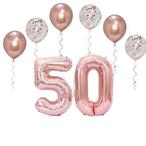 Folienballons für Paten, 101,6 cm, mit 6 Chrom- und 6 Konfetti-Heliumballons für Kinder und Erwachsene, Party, romantische Anlässe, Jubiläumsdekorationsset (Roségold, Zahl 50) von GODFATHER LTD PARTY EVERY DAY