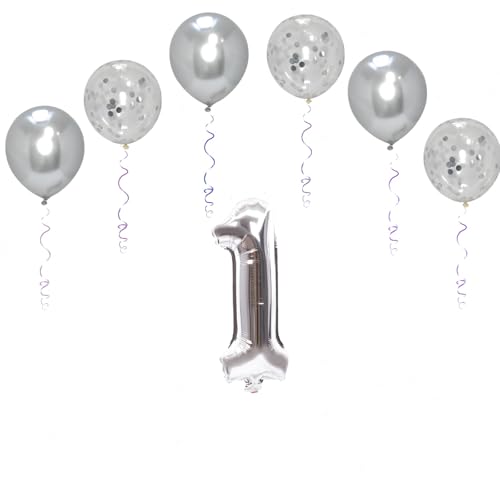 Folienballons für Paten, 101,6 cm, mit 6 Chrom- und 6 Konfetti-Heliumballons für Kinder und Erwachsene, Party, romantische Anlässe, Jubiläumsdekorationsset (Silber, Nummer 1) von GODFATHER LTD PARTY EVERY DAY
