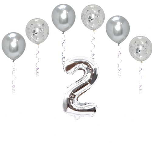 Folienballons für Paten, 101,6 cm, mit 6 Chrom- und 6 Konfetti-Heliumballons für Kinder und Erwachsene, Party, romantische Anlässe, Jubiläumsdekorationsset (Silber, Nummer 2) von GODFATHER LTD PARTY EVERY DAY