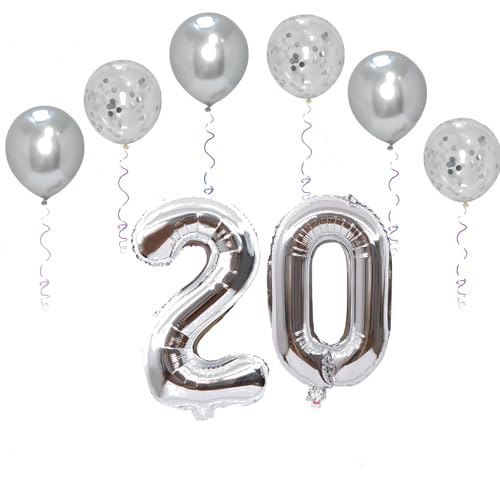 Folienballons für Paten, 101,6 cm, mit 6 Chrom- und 6 Konfetti-Heliumballons für Kinder und Erwachsene, Party, romantische Anlässe, Jubiläumsdekorationsset (Silber, Nummer 20) von GODFATHER LTD PARTY EVERY DAY