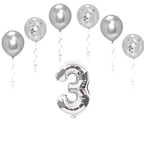 Folienballons für Paten, 101,6 cm, mit 6 Chrom- und 6 Konfetti-Heliumballons für Kinder und Erwachsene, Party, romantische Anlässe, Jubiläumsdekorationsset (Silber, Nummer 3) von GODFATHER LTD PARTY EVERY DAY