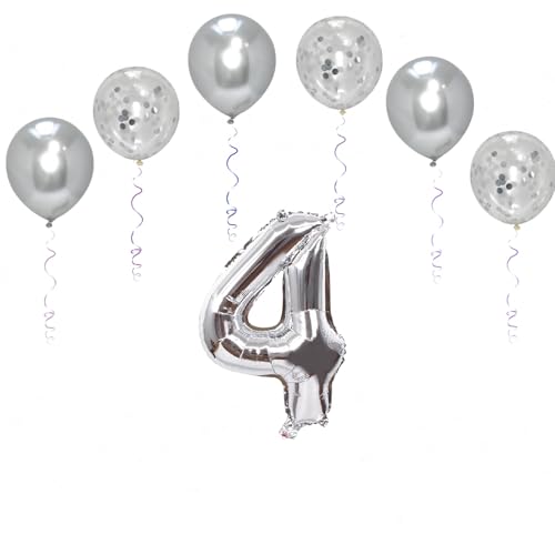 Folienballons für Paten, 101,6 cm, mit 6 Chrom- und 6 Konfetti-Heliumballons für Kinder und Erwachsene, Party, romantische Anlässe, Jubiläumsdekorationsset (Silber, Nummer 4) von GODFATHER LTD PARTY EVERY DAY