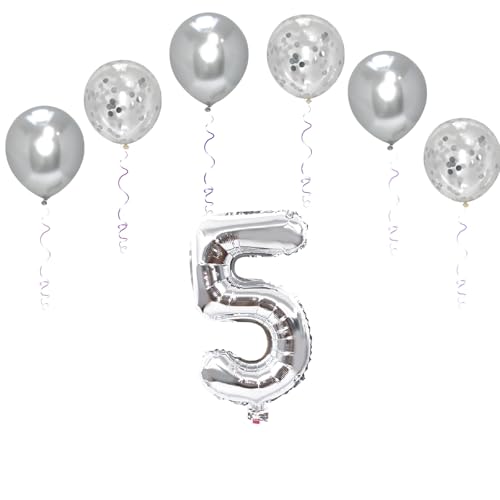 Folienballons für Paten, 101,6 cm, mit 6 Chrom- und 6 Konfetti-Heliumballons für Kinder und Erwachsene, Party, romantische Anlässe, Jubiläumsdekorationsset (Silber, Zahl 5) von GODFATHER LTD PARTY EVERY DAY