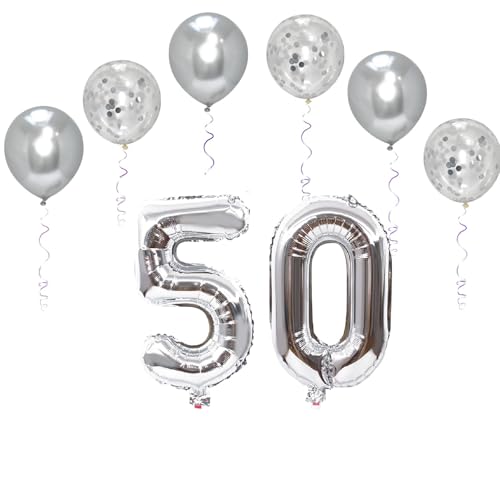 Folienballons für Paten, 101,6 cm, mit 6 Chrom- und 6 Konfetti-Heliumballons für Kinder und Erwachsene, Party, romantische Anlässe, Jubiläumsdekorationsset (Silber, Zahl 50) von GODFATHER LTD PARTY EVERY DAY
