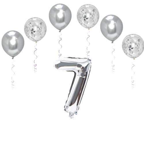 Folienballons mit Zahl "Godfather", 101,6 cm, mit 6 Chrom- und 6 Konfetti-Heliumballons für Kinder und Erwachsene, Party, romantische Anlässe, Jubiläumsdekorationsset (Silber, Nummer 7) von GODFATHER LTD PARTY EVERY DAY