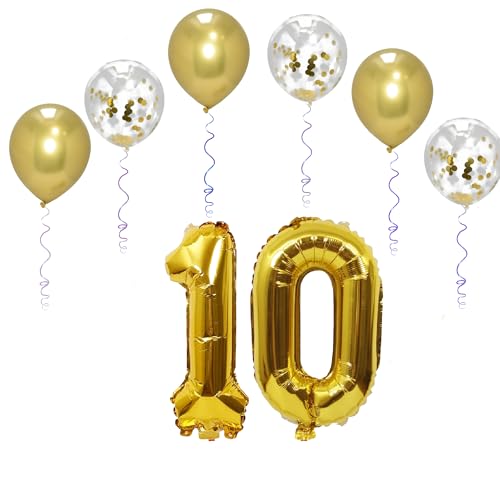 Folienballons mit Zahlen, 101,6 cm, mit 6 Chrom- und 6 Konfetti-Heliumballons für Kinder und Erwachsene, Party, romantische Anlässe, Jahrestag, Dekorationsset (Gold, Nummer 10) von GODFATHER LTD PARTY EVERY DAY