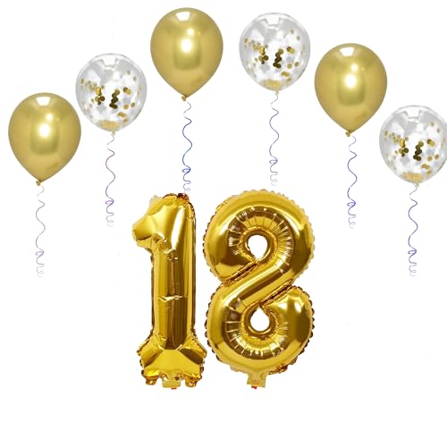 Folienballons mit Zahlen, 101,6 cm, mit 6 Chrom- und 6 Konfetti-Heliumballons für Kinder und Erwachsene, Party, romantische Anlässe, Jahrestag, Dekorationsset (Gold, Nummer 18) von GODFATHER LTD PARTY EVERY DAY