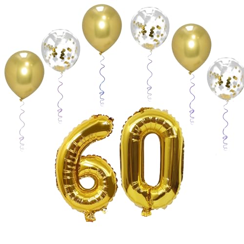 Folienballons mit Zahlen, 101,6 cm, mit 6 Chrom- und 6 Konfetti-Heliumballons für Kinder und Erwachsene, Party, romantische Anlässe, Jahrestag, Dekorationsset (Gold, Nummer 60) von GODFATHER LTD PARTY EVERY DAY