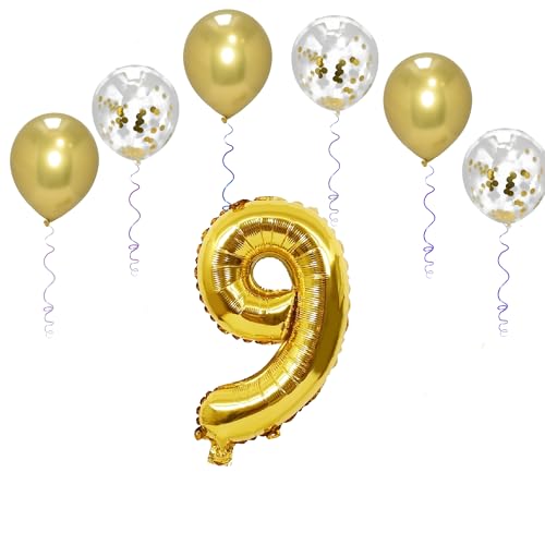 Folienballons mit Zahlen, 101,6 cm, mit 6 Chrom- und 6 Konfetti-Heliumballons für Kinder und Erwachsene, Party, romantische Anlässe, Jahrestag, Dekorationsset (Gold, Nummer 9) von GODFATHER LTD PARTY EVERY DAY