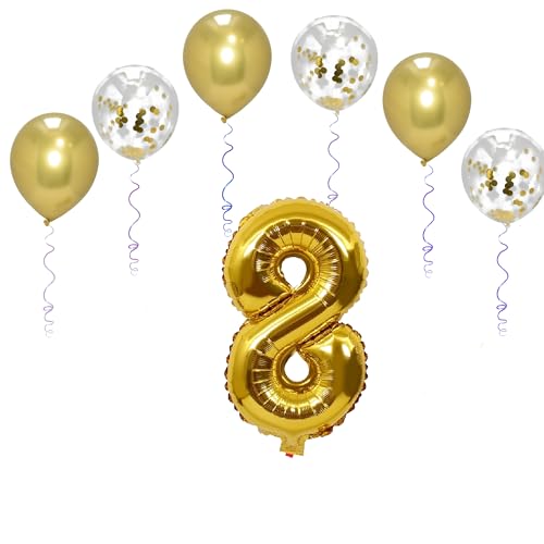 Folienballons mit Zahlen, 101,6 cm, mit 6 Chrom- und 6 Konfetti-Heliumballons für Kinder und Erwachsene, Party, romantische Anlässe, Jahrestag, Dekorationsset (Gold, Zahl 8) von GODFATHER LTD PARTY EVERY DAY