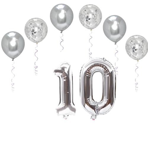 Folienballons mit Zahlen, 101,6 cm, mit 6 Chrom- und 6 Konfetti-Heliumballons für Kinder und Erwachsene, Party, romantische Anlässe, Jubiläumsdekorationsset (Silber, Nummer 10) von GODFATHER LTD PARTY EVERY DAY