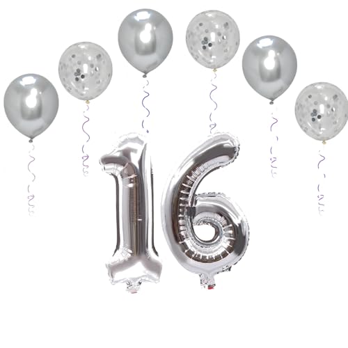 Folienballons mit Zahlen, 101,6 cm, mit 6 Chrom- und 6 Konfetti-Heliumballons für Kinder und Erwachsene, Party, romantische Anlässe, Jubiläumsdekorationsset (Silber, Nummer 16) von GODFATHER LTD PARTY EVERY DAY