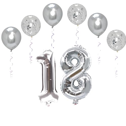 Folienballons mit Zahlen, 101,6 cm, mit 6 Chrom- und 6 Konfetti-Heliumballons für Kinder und Erwachsene, Party, romantische Anlässe, Jubiläumsdekorationsset (Silber, Nummer 18) von GODFATHER LTD PARTY EVERY DAY