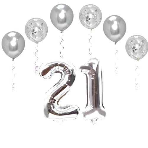 Folienballons mit Zahlen, 101,6 cm, mit 6 Chrom- und 6 Konfetti-Heliumballons für Kinder und Erwachsene, Party, romantische Anlässe, Jubiläumsdekorationsset (Silber, Nummer 21) von GODFATHER LTD PARTY EVERY DAY