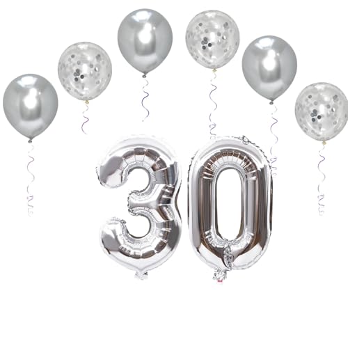 Folienballons mit Zahlen, 101,6 cm, mit 6 Chrom- und 6 Konfetti-Heliumballons für Kinder und Erwachsene, Party, romantische Anlässe, Jubiläumsdekorationsset (Silber, Nummer 30) von GODFATHER LTD PARTY EVERY DAY