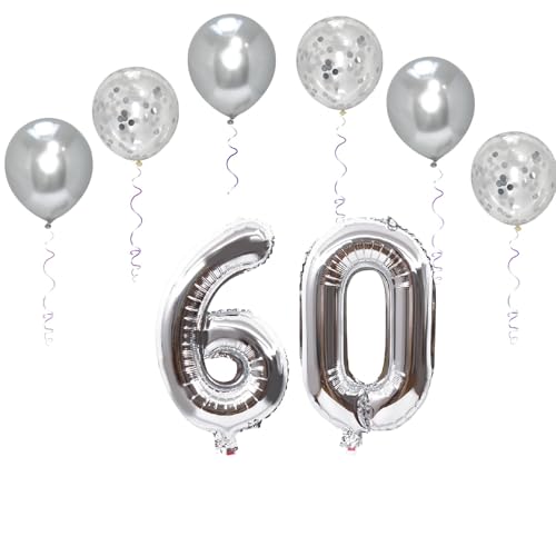 Folienballons mit Zahlen, 101,6 cm, mit 6 Chrom- und 6 Konfetti-Heliumballons für Kinder und Erwachsene, Party, romantische Anlässe, Jubiläumsdekorationsset (Silber, Nummer 60) von GODFATHER LTD PARTY EVERY DAY