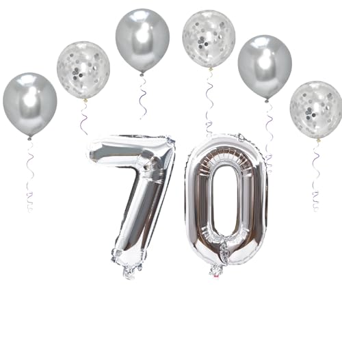 Folienballons mit Zahlen, 101,6 cm, mit 6 Chrom- und 6 Konfetti-Heliumballons für Kinder und Erwachsene, Party, romantische Anlässe, Jubiläumsdekorationsset (Silber, Nummer 70) von GODFATHER LTD PARTY EVERY DAY