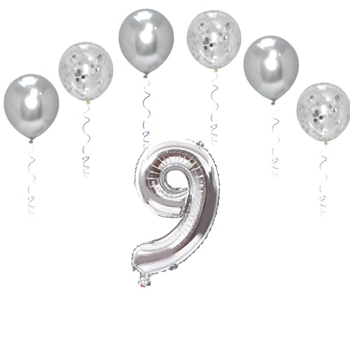 Folienballons mit Zahlen, 101,6 cm, mit 6 Chrom- und 6 Konfetti-Heliumballons für Kinder und Erwachsene, Party, romantische Anlässe, Jubiläumsdekorationsset (Silber, Nummer 9) von GODFATHER LTD PARTY EVERY DAY