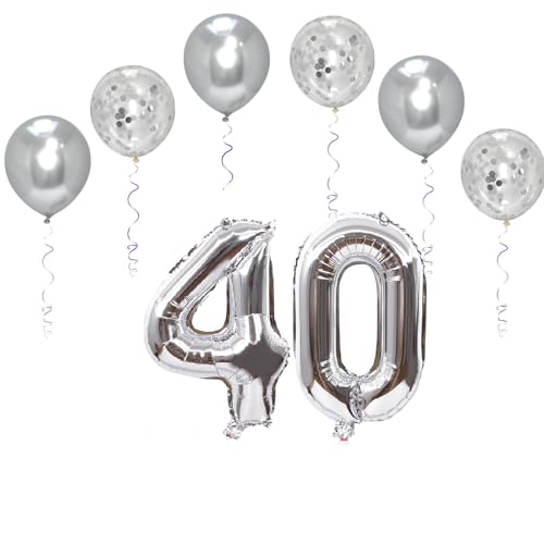 Folienballons mit Zahlen, 101,6 cm, mit 6 Chrom- und 6 Konfetti-Heliumballons für Kinder und Erwachsene, Party, romantische Anlässe, Jubiläumsdekorationsset (Silber, Zahl 40) von GODFATHER LTD PARTY EVERY DAY
