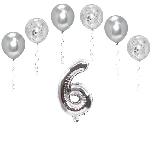 Folienballons mit Zahlen, 101,6 cm, mit 6 Chrom- und 6 Konfetti-Heliumballons für Kinder und Erwachsene, Party, romantische Anlässe, Jubiläumsdekorationsset (Silber, Zahl 6) von GODFATHER LTD PARTY EVERY DAY